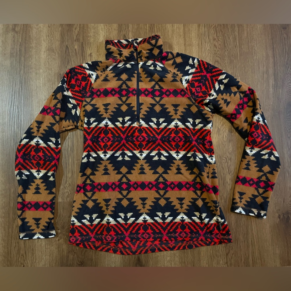 Eddie Bauer Red and Brown Patterned Fleece Pullover